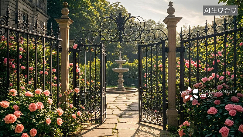 【AI数字艺术】英式古典私家花园铁艺护栏图片素材