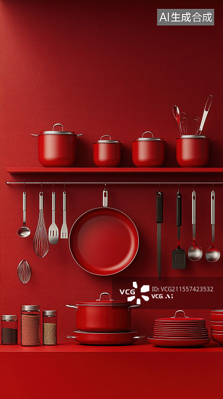 【AI数字艺术】红色风格厨具用品炒锅刀具餐具3D展台电商背景图片素材