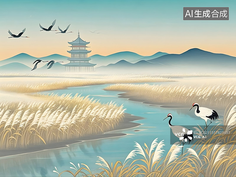 【AI数字艺术】秋日鹤影古塔山景图片素材