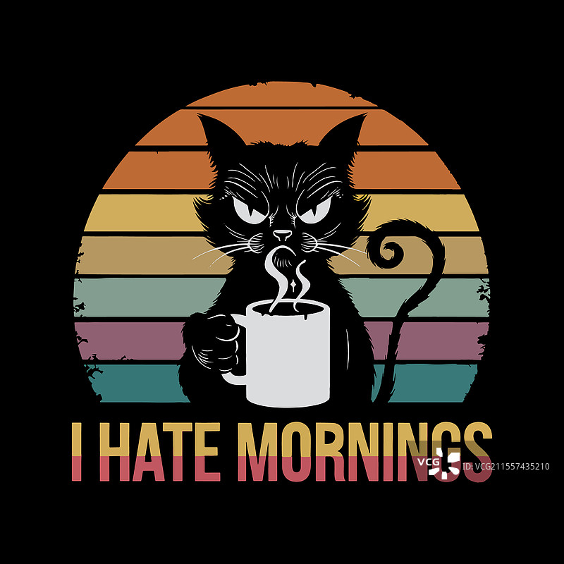 我讨厌早晨的猫咪与咖啡杯T恤图片素材