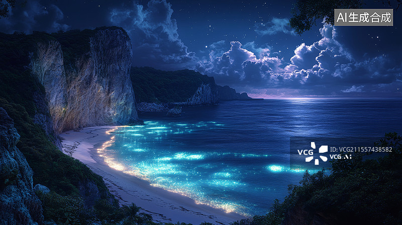 【AI数字艺术】梦幻海滩夜景蓝眼泪图片素材