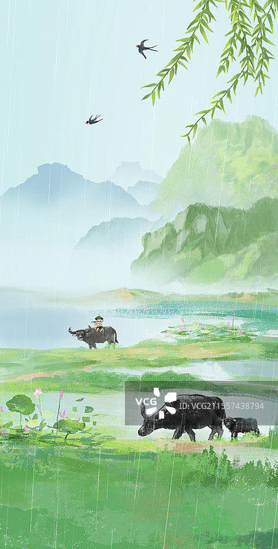 手绘清明节插画 ， 中国风春天风景山水画图片素材