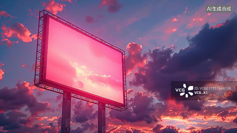 【AI数字艺术】霓虹灯下的云端广告牌  绚丽晚霞中的广告牌图片素材