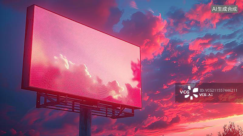 【AI数字艺术】霓虹灯下的云端广告牌  绚丽晚霞中的广告牌图片素材