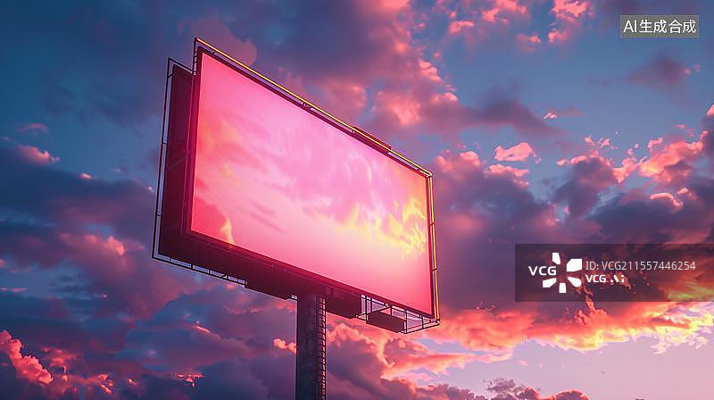 【AI数字艺术】霓虹灯下的云端广告牌  绚丽晚霞中的广告牌图片素材