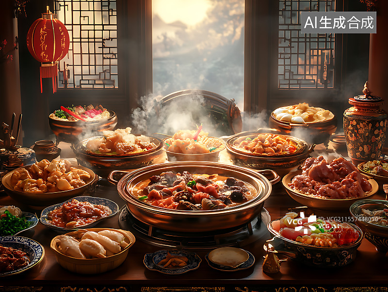 【AI数字艺术】中国传统节日春节年夜饭宴席图片素材
