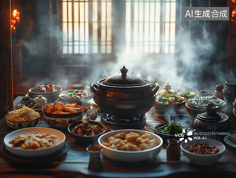 【AI数字艺术】中国传统节日春节年夜饭宴席图片素材
