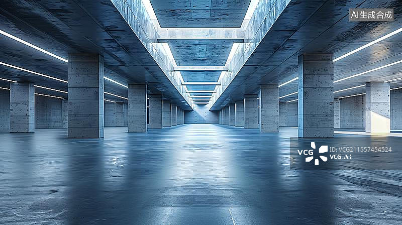 【AI数字艺术】空旷地下车库的未来感 现代建筑室内车库仓库人造空间混凝土地面图片素材
