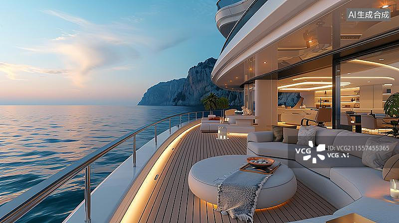 【AI数字艺术】豪华游艇的日落巡航   海面上豪华邮轮甲板上风景图片素材