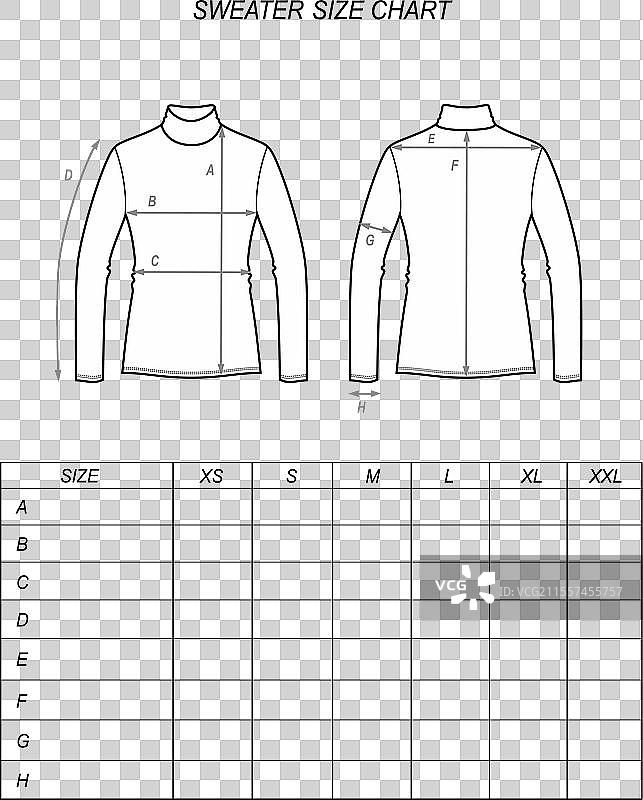 高领毛衣尺码表，正面和背面图片素材