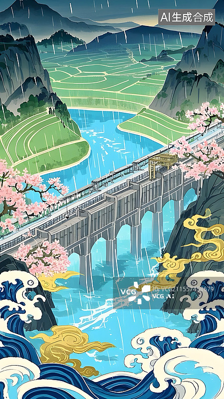 【AI数字艺术】南水北调工程清明结合插画图片素材