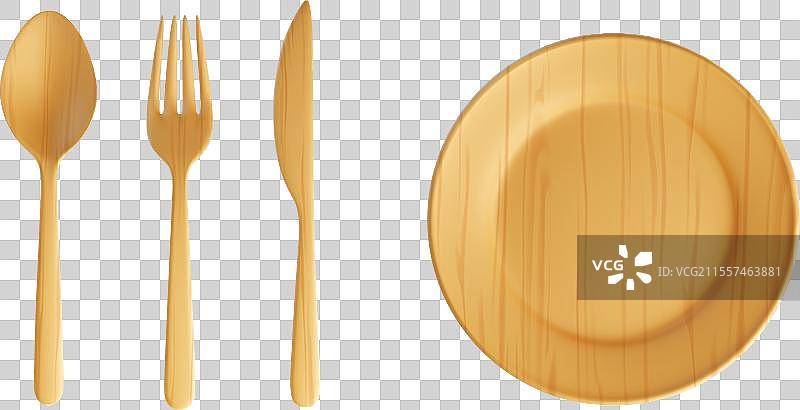 3D木质餐具、盘子和勺子的俯视图图片素材