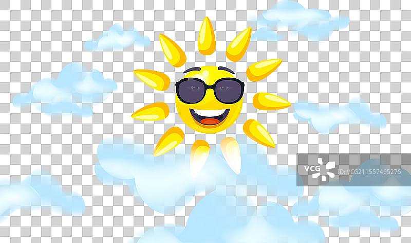 戴着太阳镜的微笑卡通太阳角色，蓝色背景图片素材