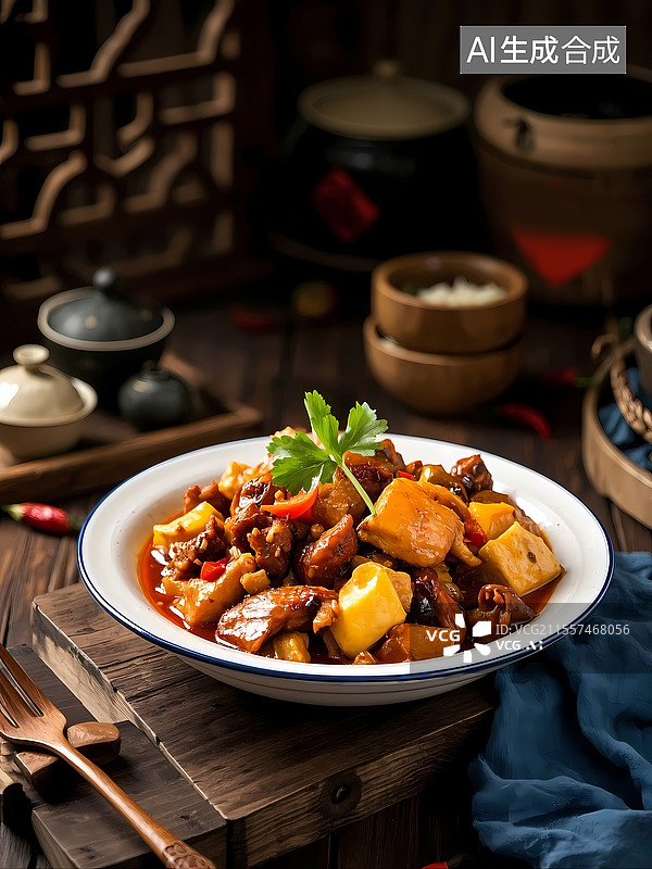 【AI数字艺术】新疆大盘鸡美食特写图片素材