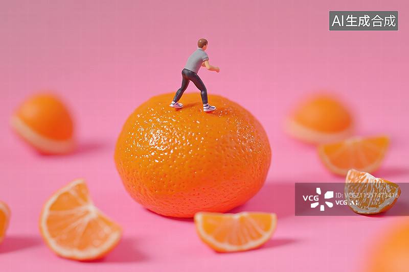 【AI数字艺术】一个迷你人偶在一颗橙子上做滑板动作的创意场景。背景是鲜艳的粉色，突显了橙子的鲜亮颜色和人偶的动感姿态图片素材