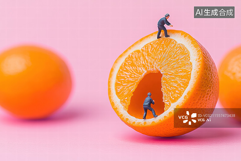 【AI数字艺术】一个迷你人偶在一颗橙子上做滑板动作的创意场景。背景是鲜艳的粉色，突显了橙子的鲜亮颜色和人偶的动感姿态图片素材