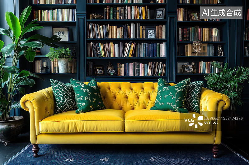 【AI数字艺术】一个温馨的阅读角落，画面中有一个黄色的沙发，沙发上摆放着蓝色和灰色的靠垫。图片素材