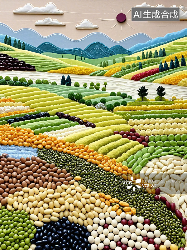 【AI数字艺术】豆子组成春天的农田风景图片素材