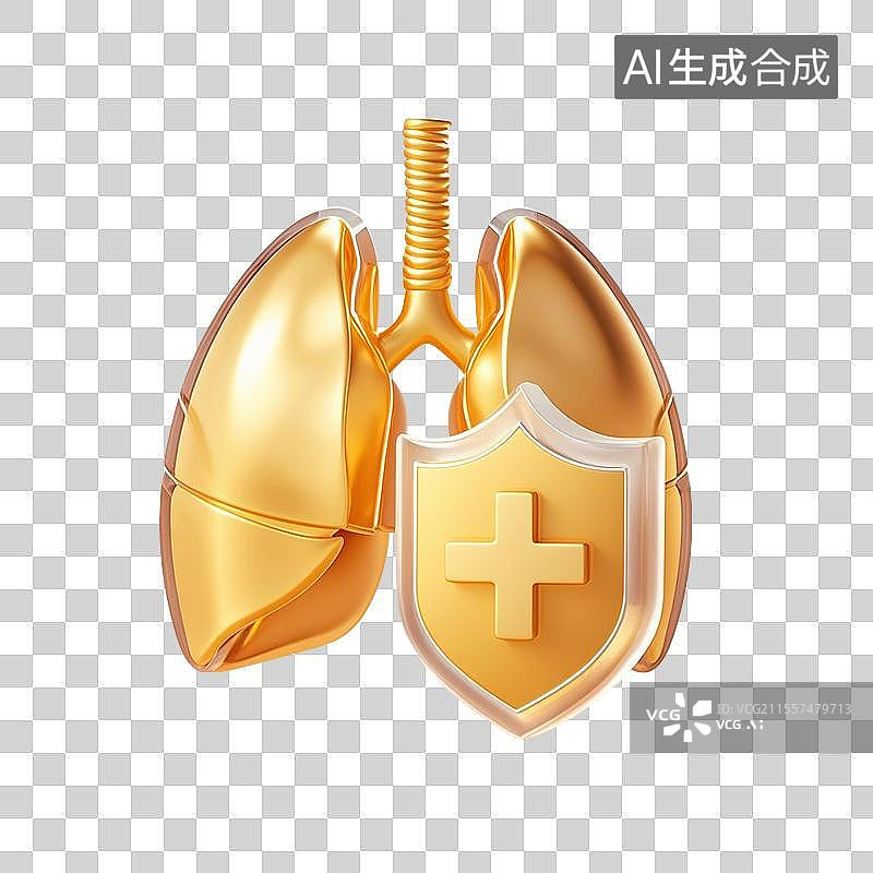 【AI数字艺术】3D渲染，金色盾牌与肺，呼吸系统疾病，肺炎，免抠元素图片素材