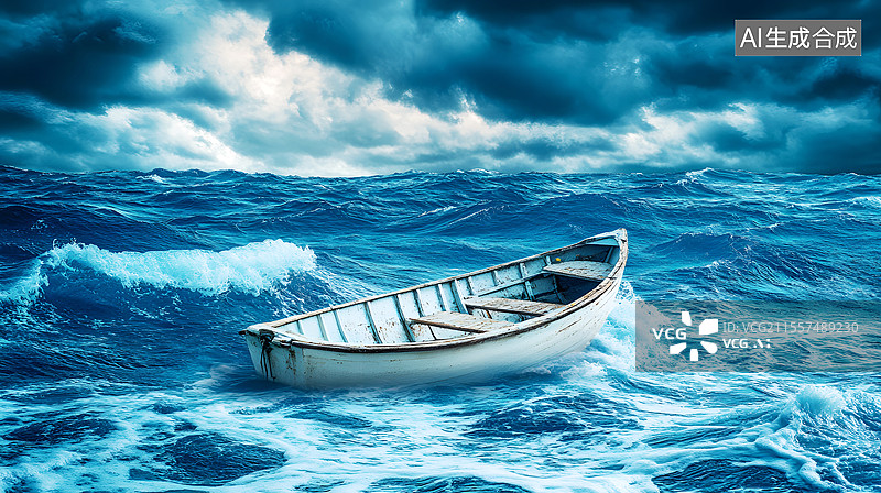 【AI数字艺术】AIGC：乌云密布的天空次下海浪中的木船图片素材