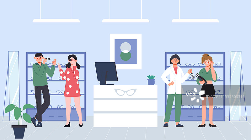 眼镜店的人们试戴各种时尚眼镜图片素材