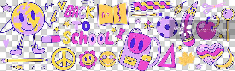 复古70年代的返校风格贴纸套装图片素材