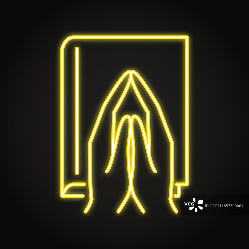 祈祷的手掌在圣书上方的霓虹灯图标图片素材