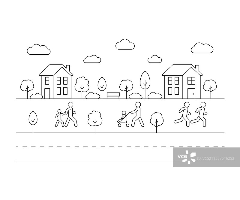 居民在小房子附近散步图片素材
