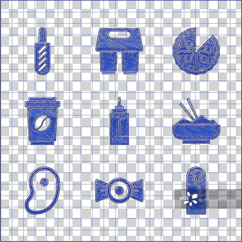 酱汁瓶、糖果、旋转烤肉、米饭放在碗里图片素材