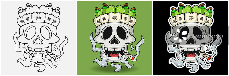 骷髅头内有绿色苹果，冒着烟雾图片素材