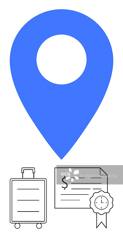 蓝色位置图钉在行李箱和证书上方图片素材