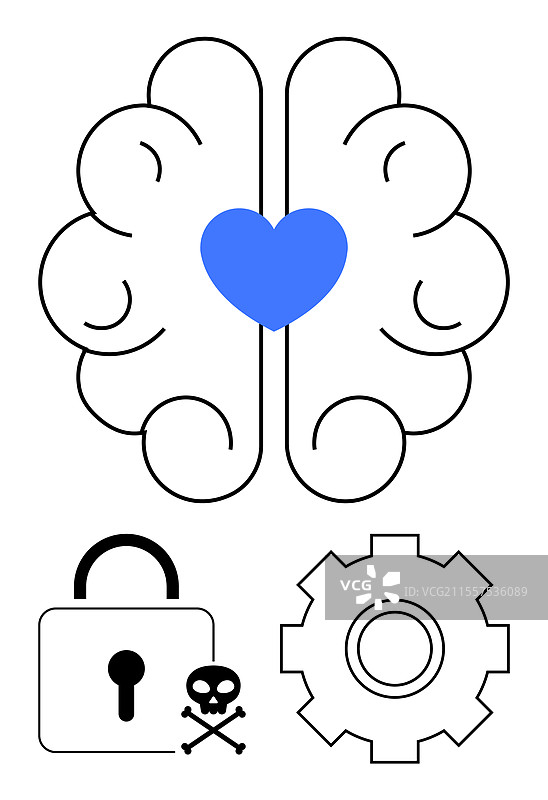 人脑与心脏、锁、骷髅和齿轮的组合图片素材