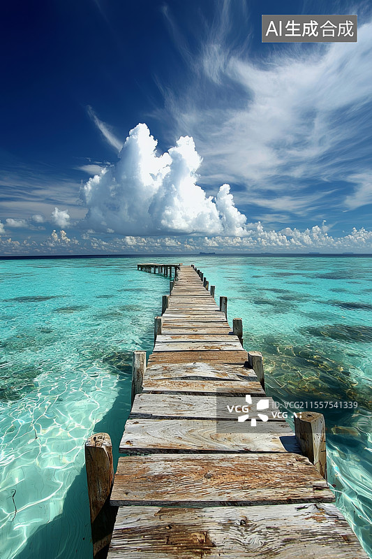 【AI数字艺术】海滨延伸至水上屋的木栈道风景图图片素材