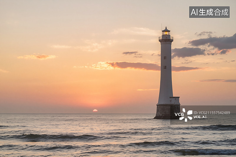 【AI数字艺术】海上灯塔日落图片素材