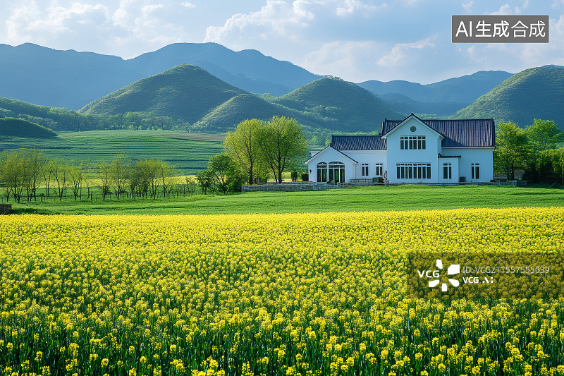 【AI数字艺术】农田中种植的油菜花与田地边的房屋图片素材