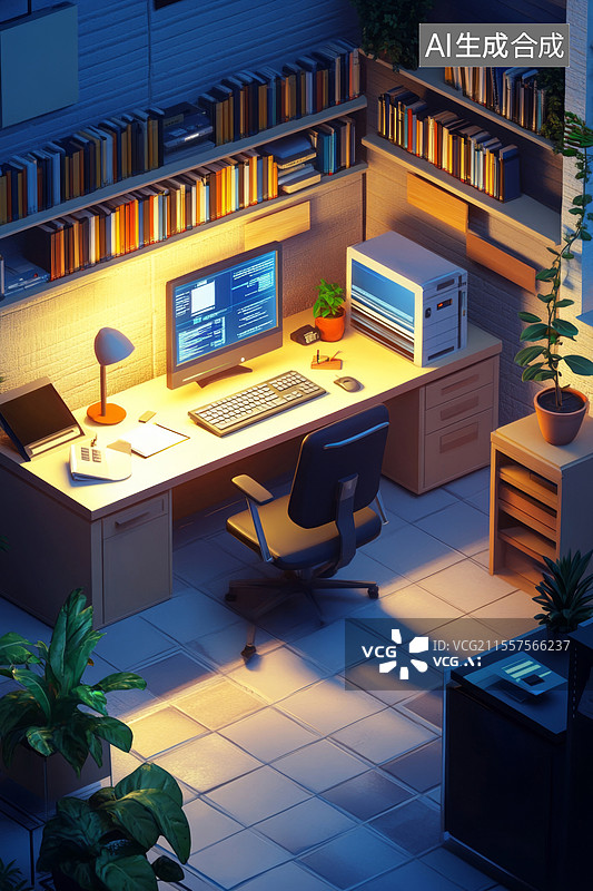 【AI数字艺术】现代办公室书房电脑桌等距透视图图片素材