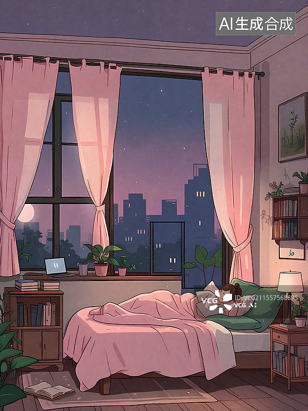 【AI数字艺术】女人躺在卧室房间的床上睡觉 俯视图插房间里摆满了盆栽，卧室场景装饰 竖版图片素材