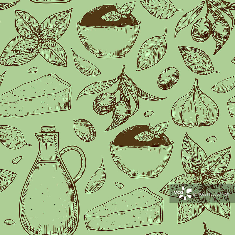 无缝图案，包含香蒜酱和罗勒元素图片素材