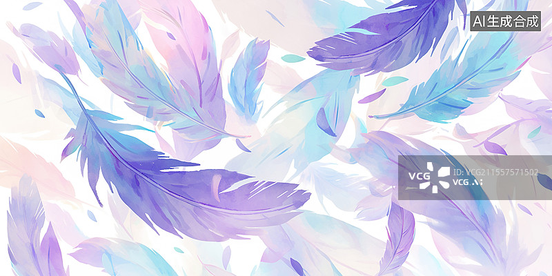 【AI数字艺术】空灵春季抽象白底动态水彩花卉羽毛设计浪漫复活节主题构图紫绿色水洗羽毛和漂浮半透明花瓣图片素材