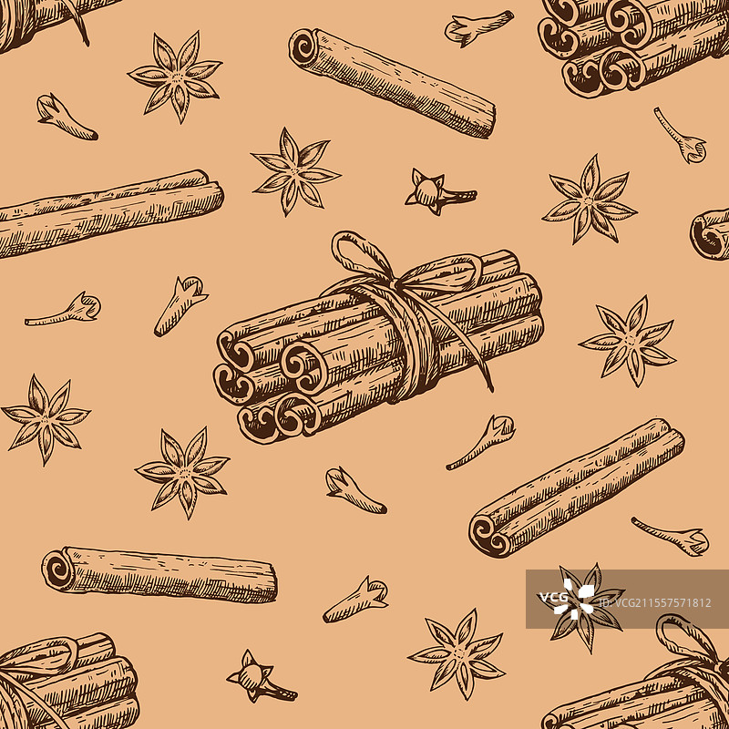 无缝图案，包含肉桂和八角星图片素材