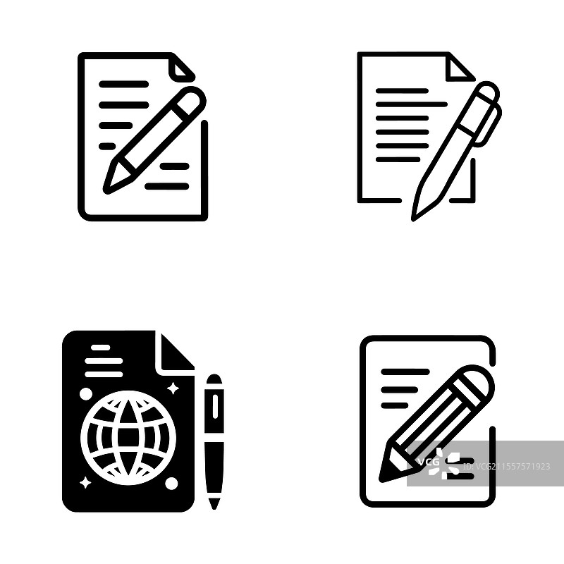 纸张与铅笔或钢笔图标集图片素材