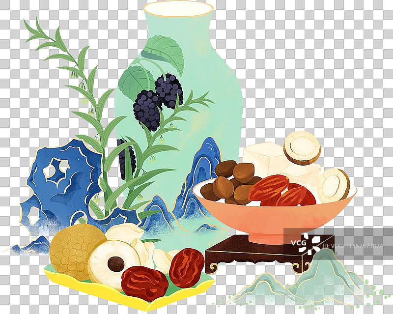 酸枣仁安神养生膏花瓶盘子山石中药国风插画图片素材