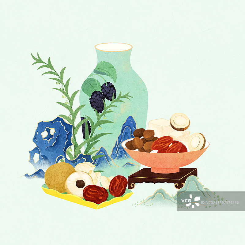 酸枣仁安神膏花瓶山石黄精药材国风插画图片素材