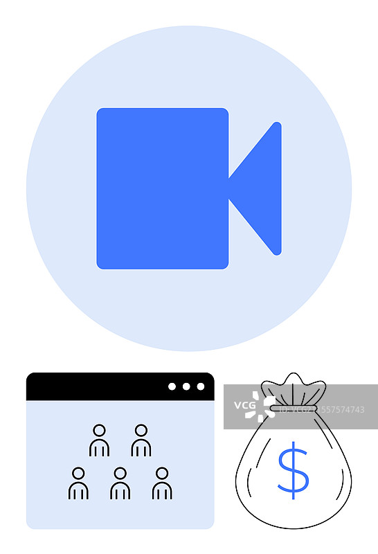 蓝色视频摄像机图标小组会议窗口和图片素材