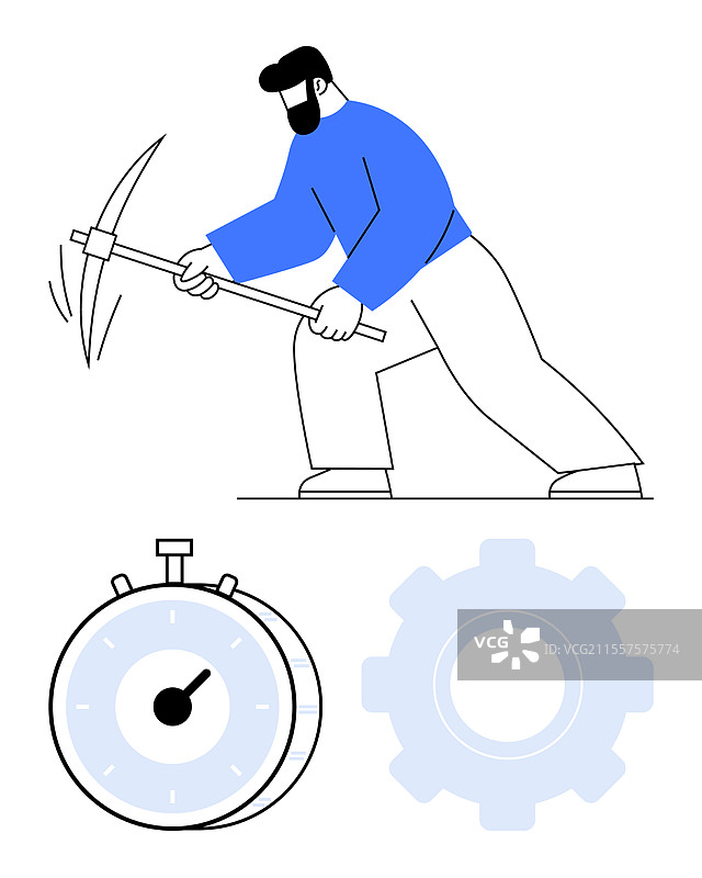 工人在用镐挖矿，旁边有一个秒表和图片素材