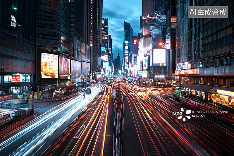 【AI数字艺术】都市夜幕下流光溢彩的车河图片素材