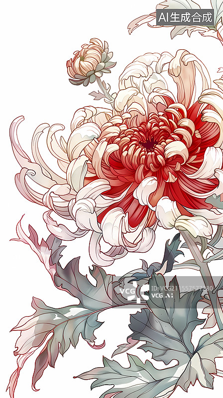 【AI数字艺术】白色复古菊花插画海报背景图片素材