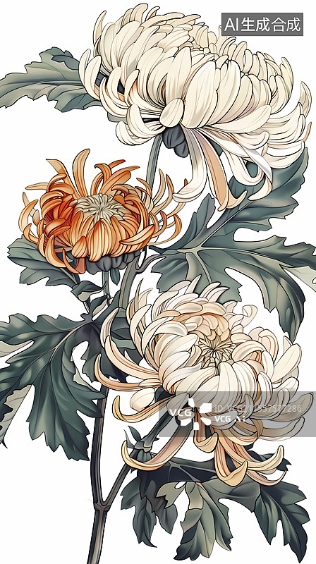 【AI数字艺术】白色复古菊花插画海报背景图片素材