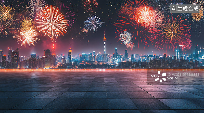【AI数字艺术】新年烟花照亮城市CBD——繁华都市天际线上的庆典与繁荣，适合作为汽车广告背景。图片素材