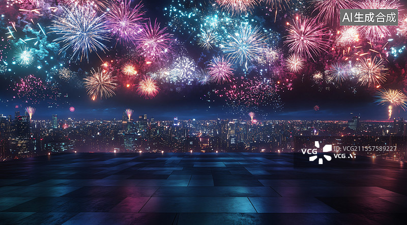 【AI数字艺术】夜晚城市CBD的繁华景象，烟花绽放庆祝新年，作为汽车广告的动态背景，捕捉节日气氛与都市的兴奋。图片素材